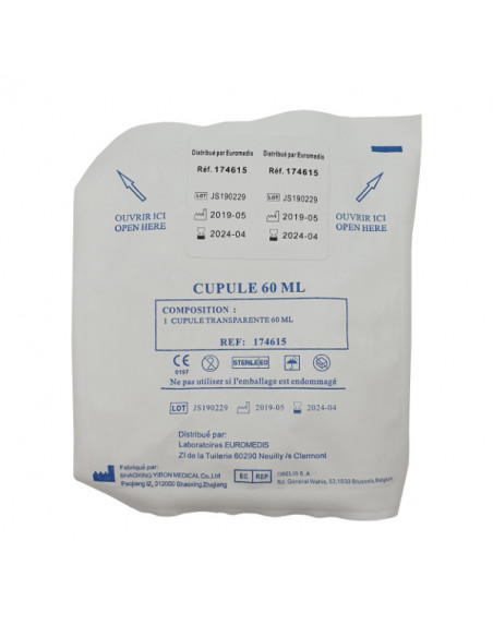 Cupule transparente graduée 60ml simple emballage stérile Carton 100 avec 2 étiquettes de traçabilité