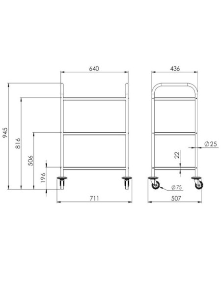 Stainless steel medical trolley 18/10 600x430mm, 3 stamped trays Without guard rails, delivered unassembled