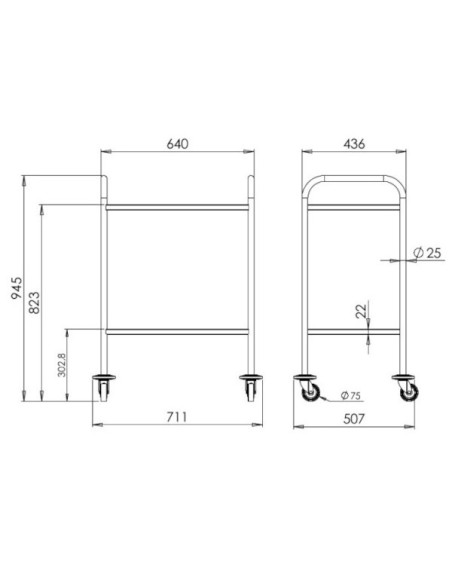 Stainless steel medical trolley 18/10 750x500mm, 2 stamped trays Without guard rails, delivered unassembled