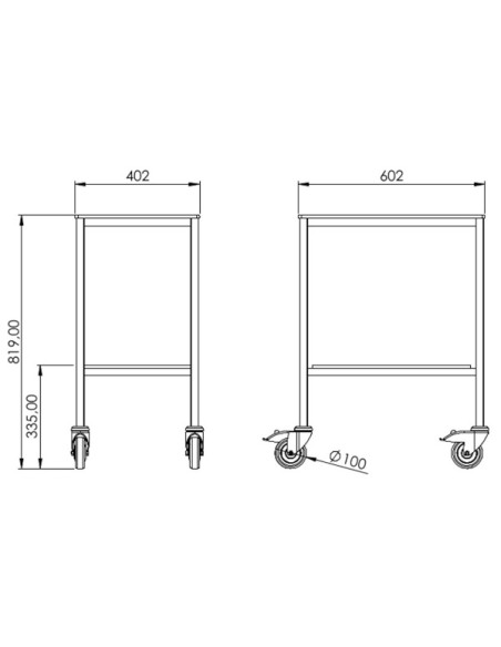 Welded table smooth top 2 trays - trays size: 600 x 400 mm Rounded corner - Antistatic wheels Ø100mm+PC