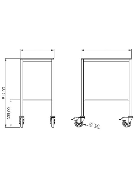 Welded table smooth top 2 trays - trays size: 1000 x 600 mm Rounded corner - Antistatic wheels Ø100mm+PC