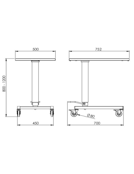 Table de Mayo plateau Lisse 750x500mm - Vérin Hydraulique 4 roues antistatiques dont 2 à frein