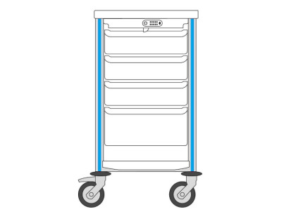 Medical trolley Agily 400x400 3 trays H.115 +1 tray H.195 - blue pop 1 upper+lower thermoplastic shelf, 1 coded cover