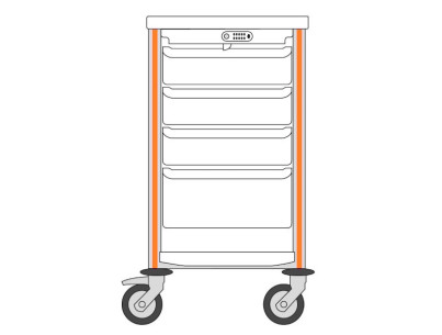 Guéridon Agily 400x400: 3 bacs H.115 +1 bac H.195 - orange 1 tablette supérieure+inférieure en thermoplastique,1 capot àcode