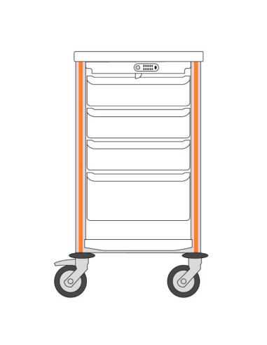 Medical trolley Agily 400x400 3 trays H.115 +1 tray H.195 - orange 1 upper+lower thermoplastic shelf, 1 coded cover