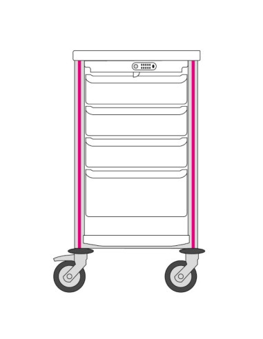 Medical trolley Agily 400x400 3 trays H.115 +1 tray H.195 - fuchsia 1 upper+lower thermoplastic shelf, 1 coded cover