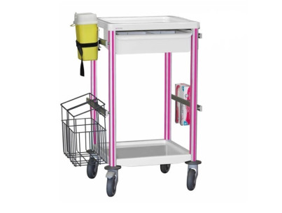 Guéridon Agily 400x400:1 bac H.115+supp.à gants, recup.aigui-fuchsia 1 poubelle mobile double, 4 rails normalisés