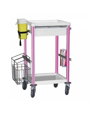 Medical trolley Agily 400x400 1 tray H.115+glove hold,needle -fuchsia needle collect,1 double mobile bin, 4 standard rails