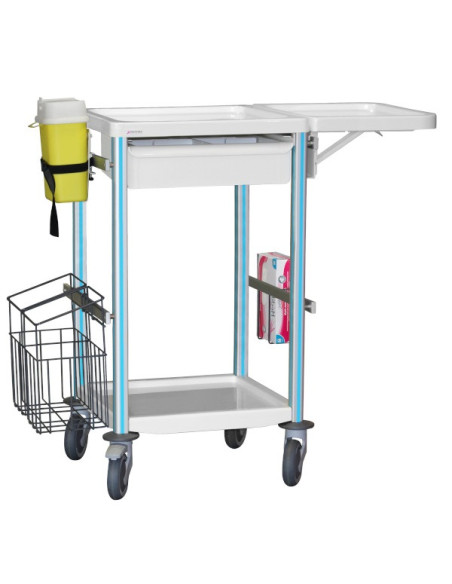 Medical trolley Agily 400x400 1trayH.115+glove hold,fold.tab-blue pop needle collect,1 double mobile bin, 4 standard rails