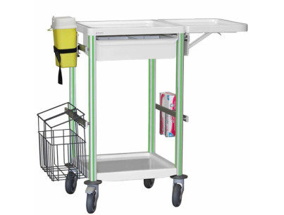 Medical trolleyAgily 400x400 1trayH.115+glove hold,fold.tab-applegree needle collect,1 double mobile bin, 4 standard rails