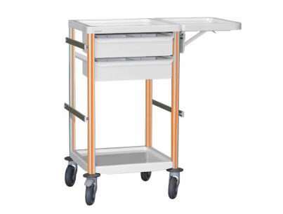 Medical trolley Agily 400x400 2 trays H.115+folding shelf - orange 4 standard rails, bin with slides