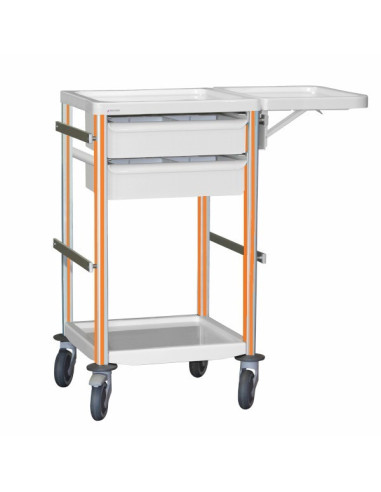 Medical trolley Agily 400x400 2 trays H.115+folding shelf - orange 4 standard rails, bin with slides