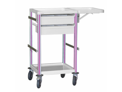 Medical trolley Agily 400x400 2 trays H.115+folding shelf - fuchsia 4 standard rails, bin with slides