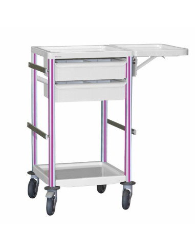 Medical trolley Agily 400x400 2 trays H.115+folding shelf - fuchsia 4 standard rails, bin with slides