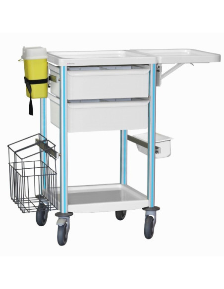 Medical trolley Agily 400x400 2 trays H.115+fold.shelf+stora-blue pop needle collect, double mobile trash, 4 standard rails