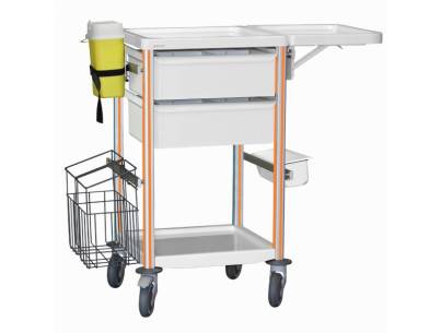 Medical trolley Agily 400x400 2 trays H.115+fold.shelf+stora-orange needle collect, double mobile trash, 4 standard rails