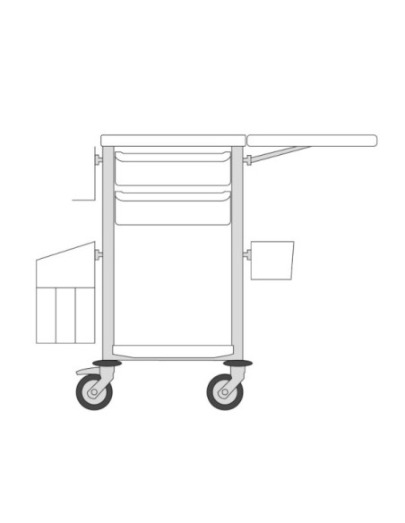 Medical trolley Agily 400x400 2 trays H.115+fold.shelf+stora-orange needle collect, double mobile trash, 4 standard rails