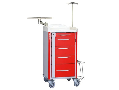 Neop 400x400 emergency equipped trolley 5 telescopic drawers  col. red, support for:cardiac massage,monitoring, oxygene bottle