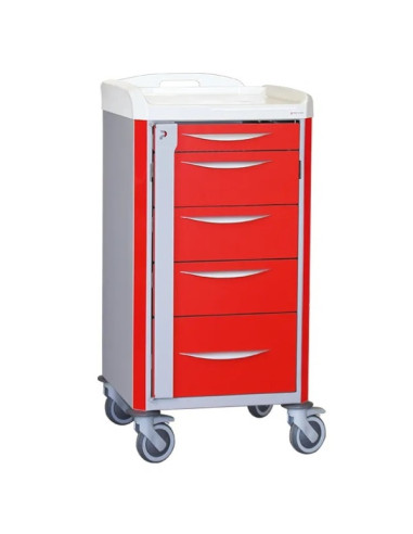 Neop 400x400 emergency basic trolley 5 telescopic drawers  red color, support and board for cardiac massage