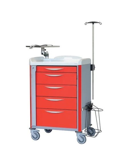 Neop 600x400 H100 emergency equipped trolley 5telesc.drawers 4 w.subd, support and board for cardiac massage, monitoring support