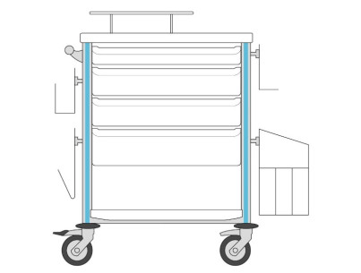 Medical trolley Agily 600x400 4trays H.75/115/155+bin+needl coll-blue file+glove box support,4 std rails, bin with slides+handle