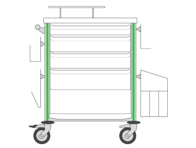 Medical trolley Agily 600x400 4trays H.75/115/155+bin+needlcoll-green file+glove box support,4 std rails, bin with slides+handle
