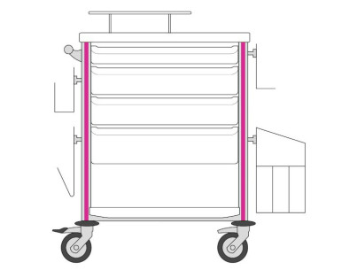Medical trolley Agily 600x400 4trays H.75/115/155+bin+needlcoll-fuchs file+glove box support,4 std rails, bin with slides+handle