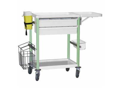 Medical trolley Agily 600x400 2 traysH.115+folding tabl+bin+stor-gree needle collector, 4 standard rails, bin with slides