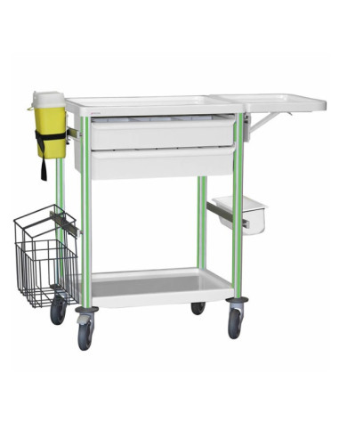 Medical trolley Agily 600x400 2 traysH.115+folding tabl+bin+stor-gree needle collector, 4 standard rails, bin with slides