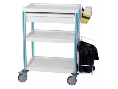 Guéridon Agily 600x400: 3plateaux,1bac H.115+poubelle simple-bleu pop support récupérateur aiguille,2 rails normalisés