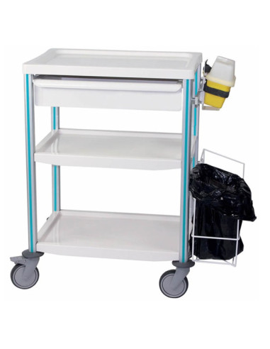 Medical trolley Agily 600x400 3 plates,1 tray H.115+bin - blue pop needle collector, 2 standard rails, bin with slides