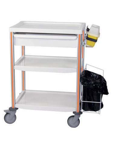 Medical trolley Agily 600x400 3 plates,1 tray H.115+bin - orange needle collector, 2 standard rails, bin with slides