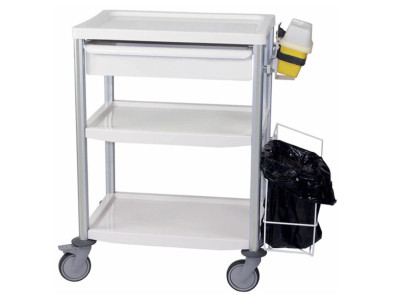 Medical trolley Agily 600x400 3 plates,1 tray H.115+bin - pearl grey needle collector, 2 standard rails, bin with slides