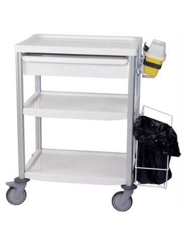 Medical trolley Agily 600x400 3 plates,1 tray H.115+bin - pearl grey needle collector, 2 standard rails, bin with slides