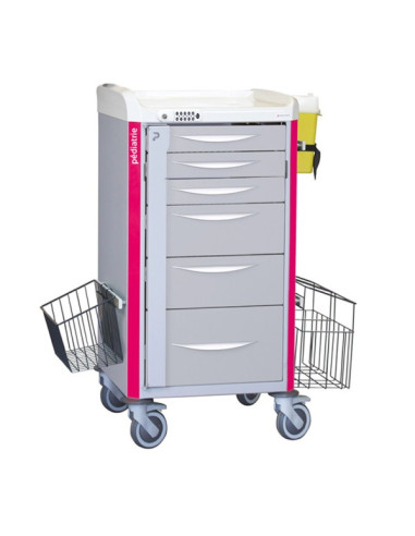 Chariot de soins NEOP 400x400 H100 6tir. télesc.3p/2m/1g-rose magenta tiroirs téles: 3H80-2H160-1H240, serrure,poubelle,panier