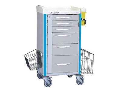 Neop 400x400 nursing trolley+telescopic drawers 3s/2m/1b-sky blue teles. drawers: 3H80-2H160-1H240, code lock, 1 trash, 1 basket
