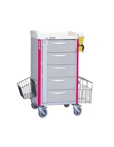 Chariot de soins NEOP 400x400 H100 5 tir. télescop H160-rose magenta serrure à code,poubelle,panier,support récup.d'aiguilles