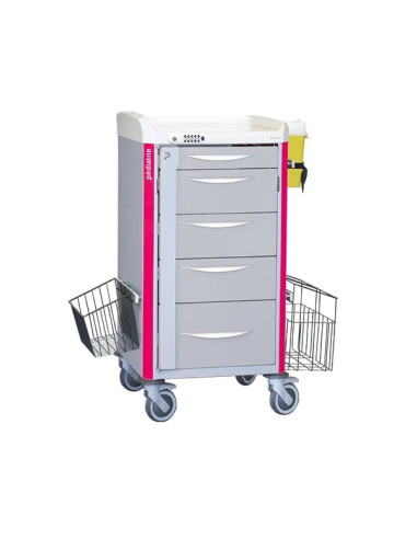 Chariot de soins NEOP 400x400 H100 5 tir. téles 1p/3m/1g-rose magenta serru.à code,poubel,panier,support récup.d'aiguilles