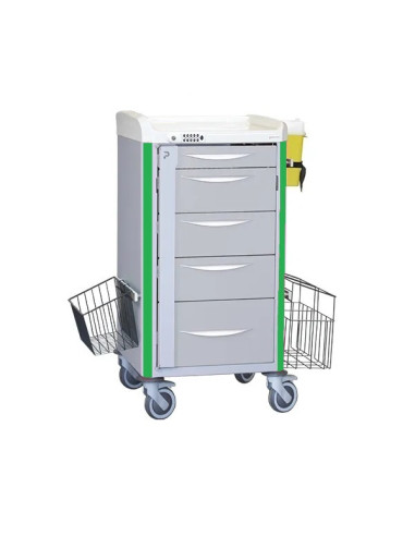 Neop 400x400 nursing trolley 5 telesc. drawers 1s/3m/1b-apple green , code lock, trash, basket, needle collector holder