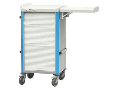 Chariot de soins NEOP 400x400 H100 5tir.jointif 1p/3m/1g-bleu céleste,serru.à code,3 rails,1 tablette d'ex. rabatt,fer.rid