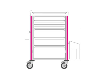 Chariot de soins NEOP 600x400 H100 6tir.joint.sans ferm-rose magenta tiroir:3H75-2H155-1H235,support rec.aiguile,poubelle simple