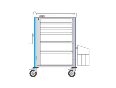 Neop 600x400 nursing trolley 6 attached drawers-sky blue, drawers: 3H75-2H155-1H235,needle collector holder,simp trash